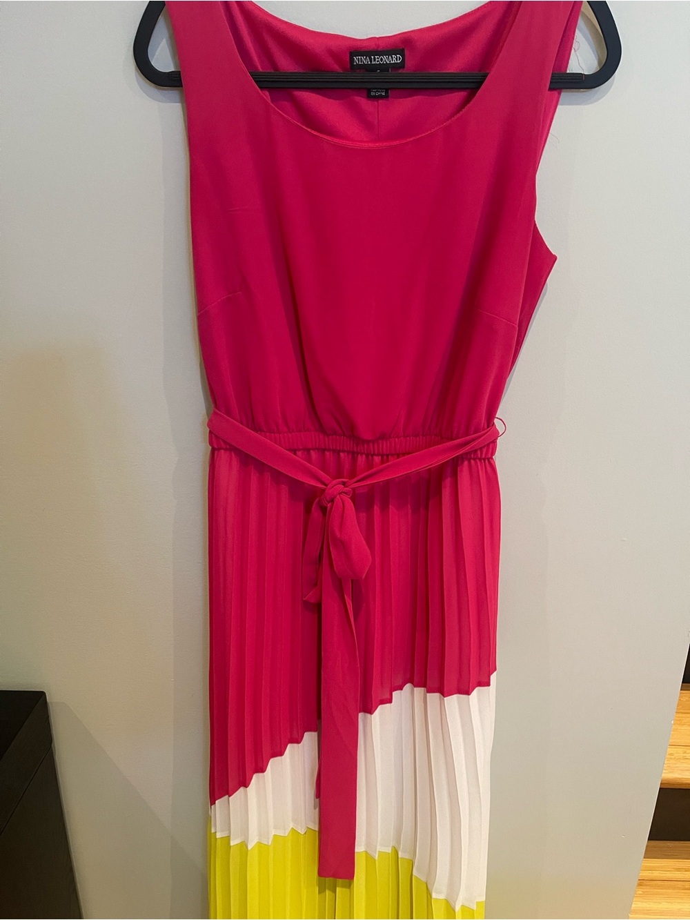 Nina Leonard Hot Pink Sleeveless Pleated Maxi Dress with Belt